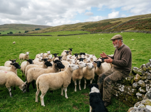 Shepherd interacting with a flock of sheep in a green field with a black and white dog
